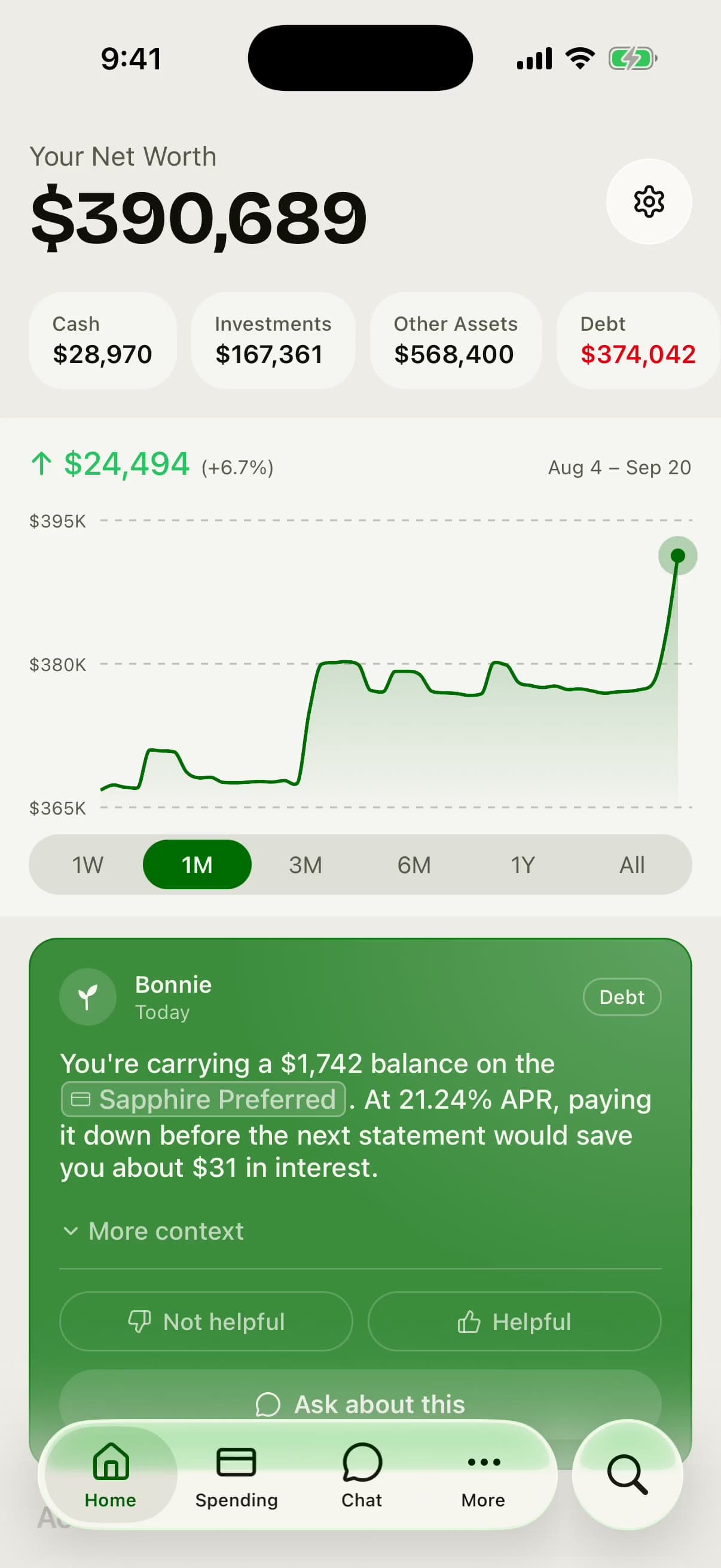 Bonsave iOS app showing the Home net worth screen