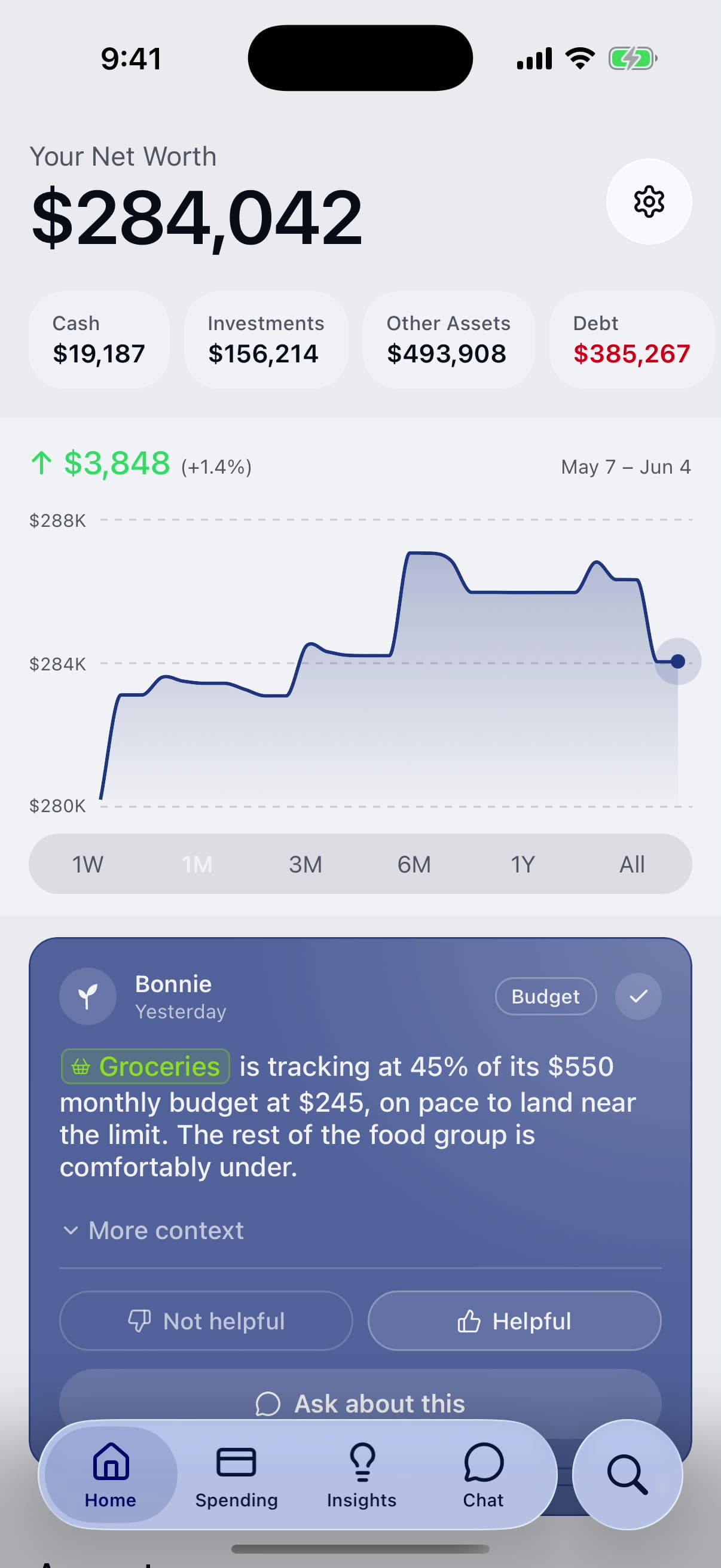 Bonsave iOS app showing the Home net worth screen